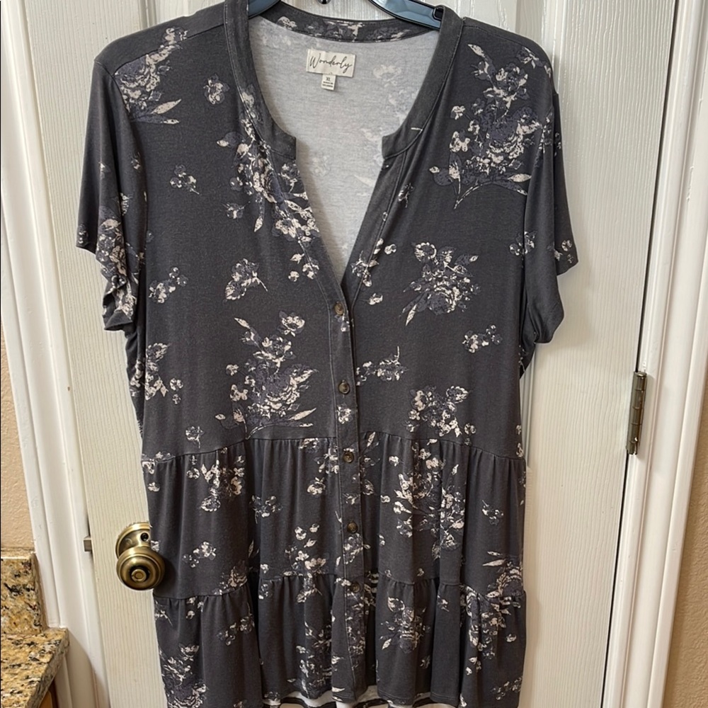 Gray Floral Button-Down Top